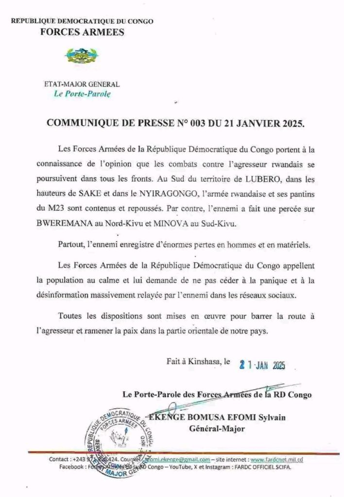 Guerre du M23-RDF : voici la clarification et des FARDC après la chute de Bweremana et Minova 3 17374761882988197424880599163980