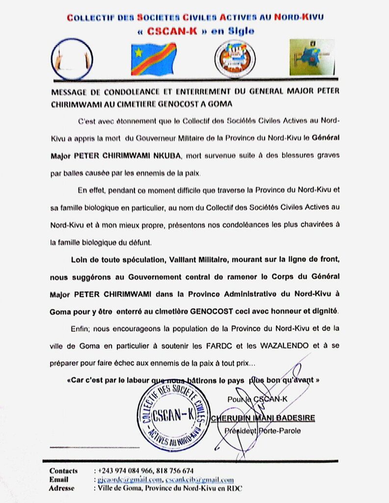 RDC : le collectif des sociétés civiles actives au Nord-Kivu demande le rapatriement du corps du Gouverneur Peter Cirimwami à Goma et son enterrement au cimetière Genenocost 3 img 20250125 2053101136321744681237785