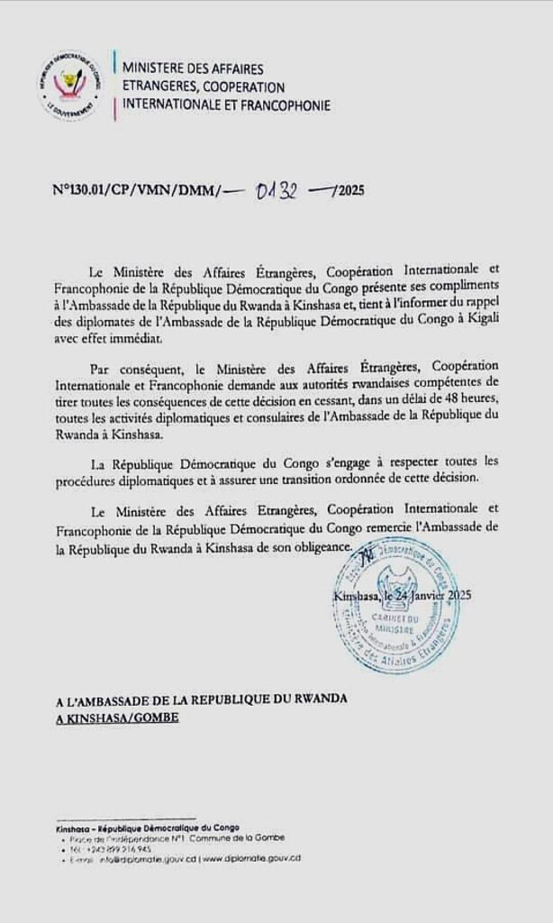 Rupture diplomatique : la RDC met un terme à toute coopération avec le Rwanda 3 img 20250126 0739526341590313389371534