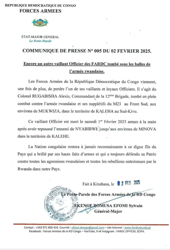 Guerre dans l'est : un autre haut gradé des FARDC tué lors des combats contre le M23 5 17385025302928176170231762874543