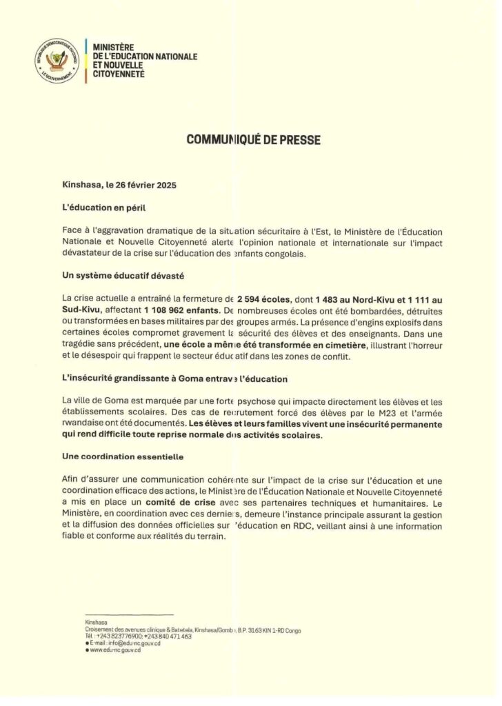 Guerre dans l'Est : face au climat tendu dans les écoles de Goma et Bukavu, le ministère de l'Éducation annonce des mesures d’urgence 4 17406356288491156140559441248097