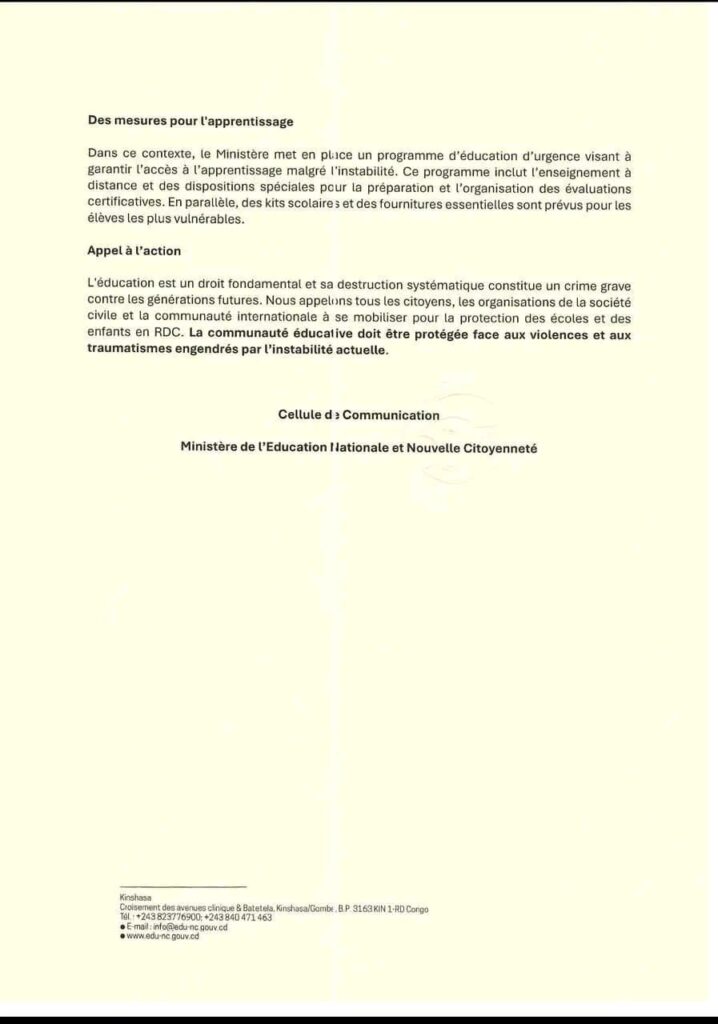 Guerre dans l'Est : face au climat tendu dans les écoles de Goma et Bukavu, le ministère de l'Éducation annonce des mesures d’urgence 5 1740635631356876909846334329974