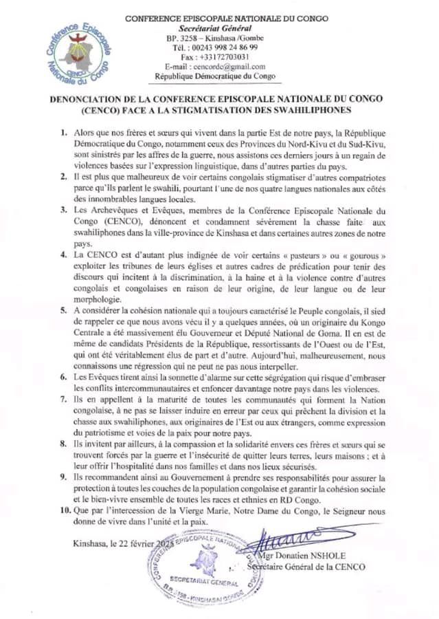 RDC : la CENCO dénonce la stigmatisation des swahiliphones et appelle à l'unité nationale 3 img 20250223 wa00891507600335254493325