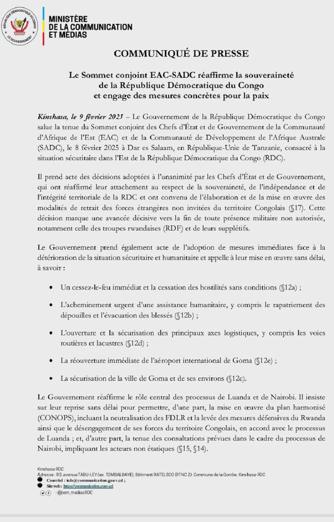 Guerre du M23 : la RDC se dit prête à mettre en œuvre toutes les résolutions du sommet EAC-SADC de Dar es Salaam 4 img 20250209 2104579218777367972270194