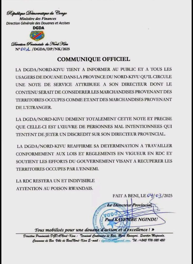 Nord-Kivu : la DGDA dément une note falsifiée sur les marchandises des zones occupées par le M23 3 img 20250304 2019328573993624578918769